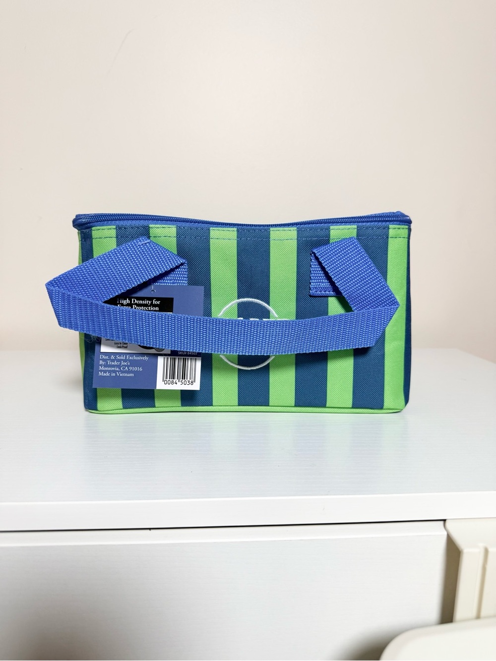 NWT Trader Joe’s mini insulated tote bag blue and green stripes - Picture 4 of 5
